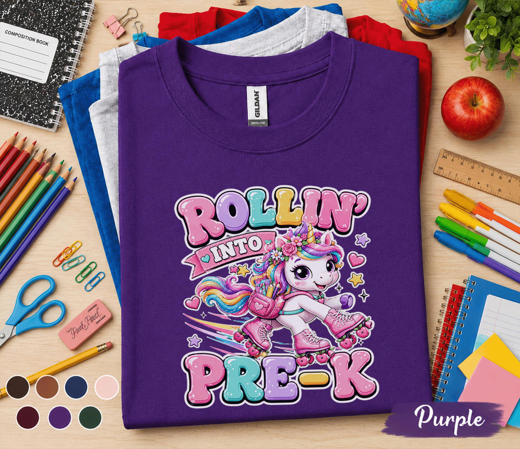 Rollin Into Pre-K Shirt Unicorn Roller Skates Back to School Tee First Day of Preschool Cute Pre-K Student Gift Girls School Outfit