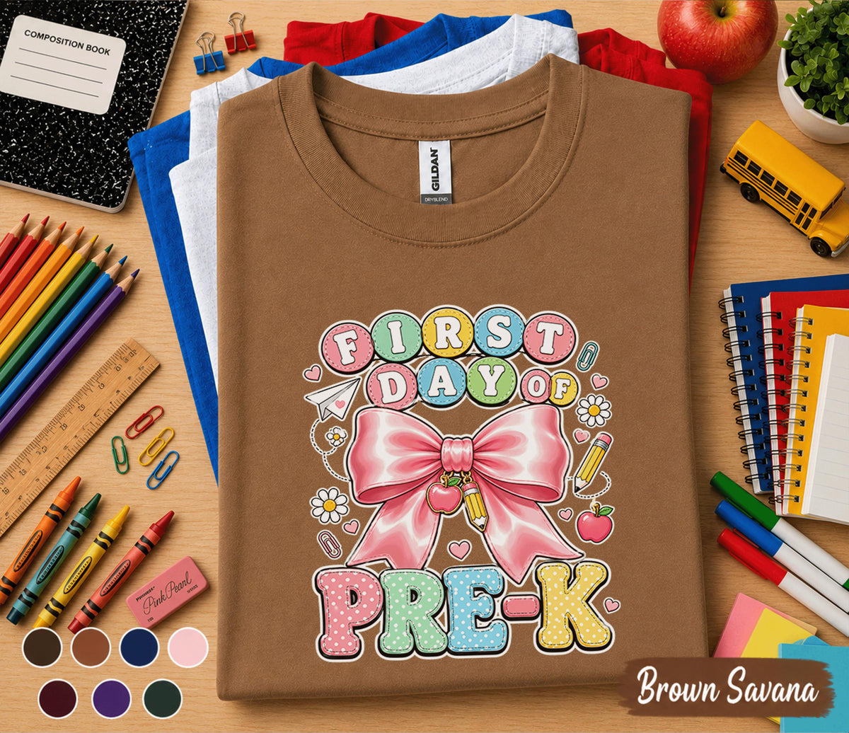 First Day of Pre-K Shirt Cute Pink Bow Back to School Tee Teacher Preschool Girl First Day Outfit Kindergarten Ready Student Gift for Girls