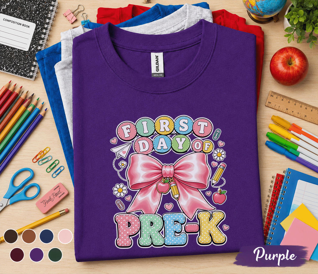 First Day of Pre-K Shirt Cute Pink Bow Back to School Tee Teacher Preschool Girl First Day Outfit Kindergarten Ready Student Gift for Girls