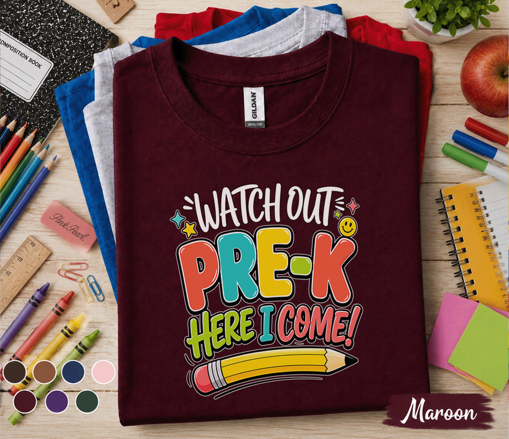 Watch Out Pre-K Here I Come Shirt First Day of Pre K Tee Back to School Shirt Preschool Toddler Outfit Kindergarten Ready Kids Gift