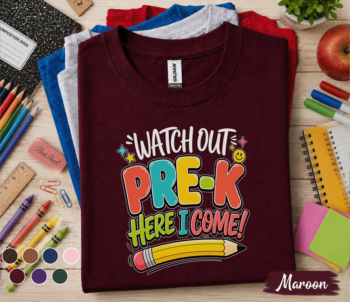 Watch Out Pre-K Here I Come Shirt First Day of Pre K Tee Back to School Shirt Preschool Toddler Outfit Kindergarten Ready Kids Gift