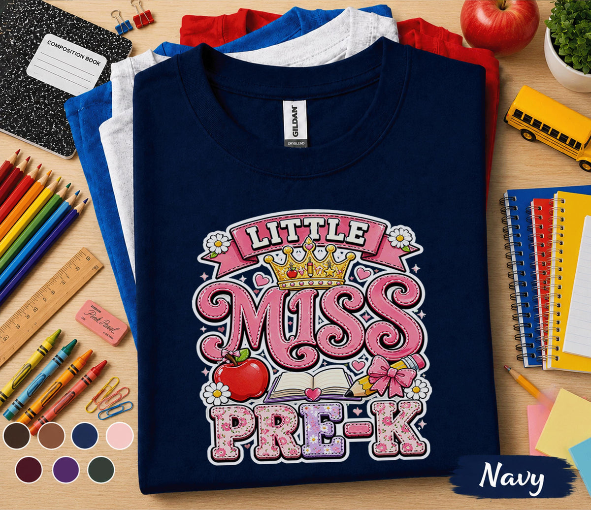 Little Miss Pre-K Shirt First Day of Pre-K Tee Cute Back to School Girl Shirt Preschool Princess Outfit Toddler Classroom Gift