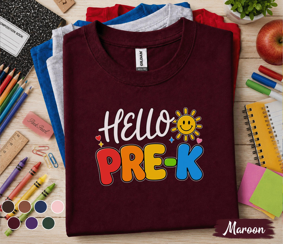 Hello Pre-K Shirt First Day of Pre-K Tee Teacher Back to School Preschool Shirt Toddler Student Outfit Kindergarten Prep Gift for Boys Girls