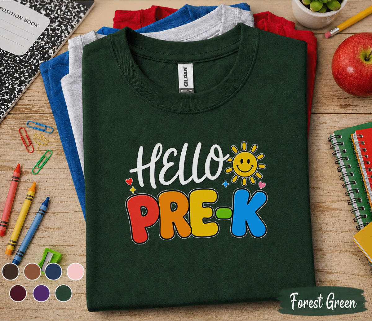 Hello Pre-K Shirt First Day of Pre-K Tee Teacher Back to School Preschool Shirt Toddler Student Outfit Kindergarten Prep Gift for Boys Girls