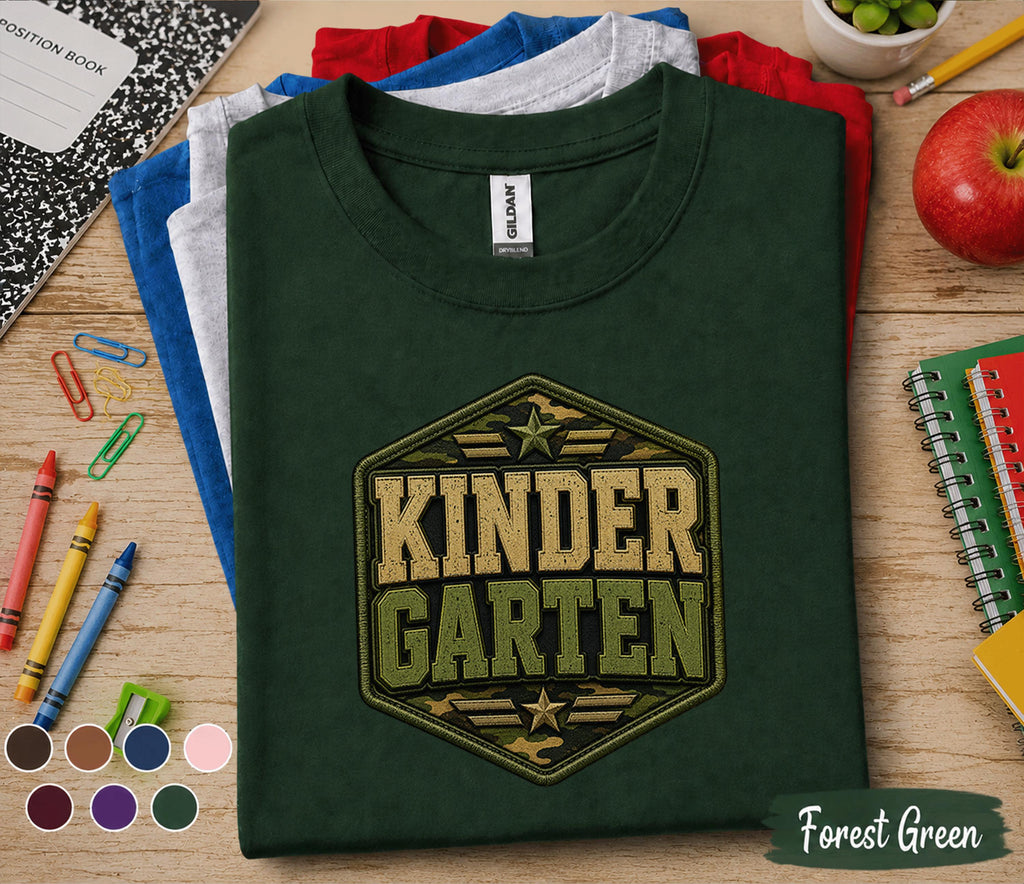 Kindergarten Camo Shirt Military Style Back to School Tee First Day of Kindergarten Kids Army Camouflage Student Gift Teacher Kindergarten