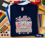 Hello Kindergarten Shirt Cute Coquette Back to School Tee Teacher First Day of Kindergarten Girl Pink Bow Apple Backpack Student Gift