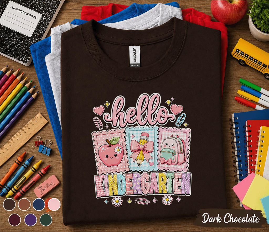 Hello Kindergarten Shirt Cute Coquette Back to School Tee Teacher First Day of Kindergarten Girl Pink Bow Apple Backpack Student Gift