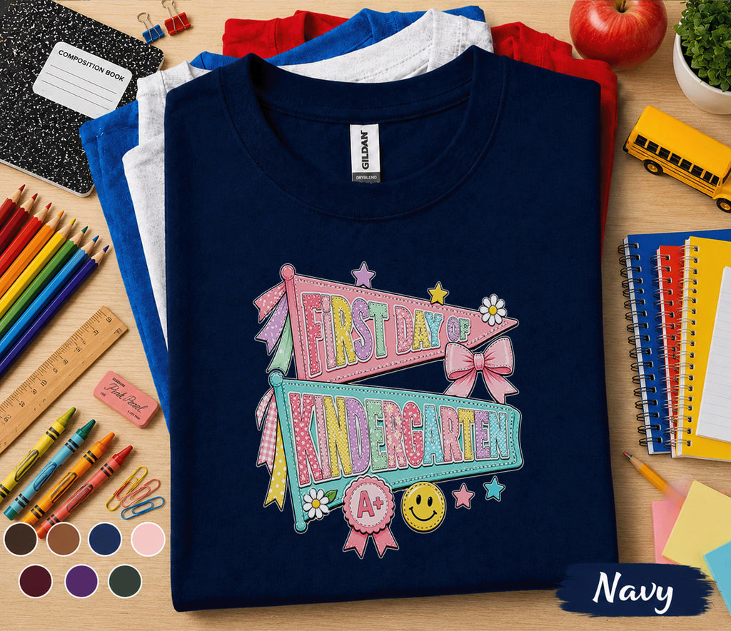 First Day of Kindergarten Shirt Coquette Back to School Tee Girl Cute Pennant Flags Bow Smiley Face Student Outfit Girl School Gift Teacher