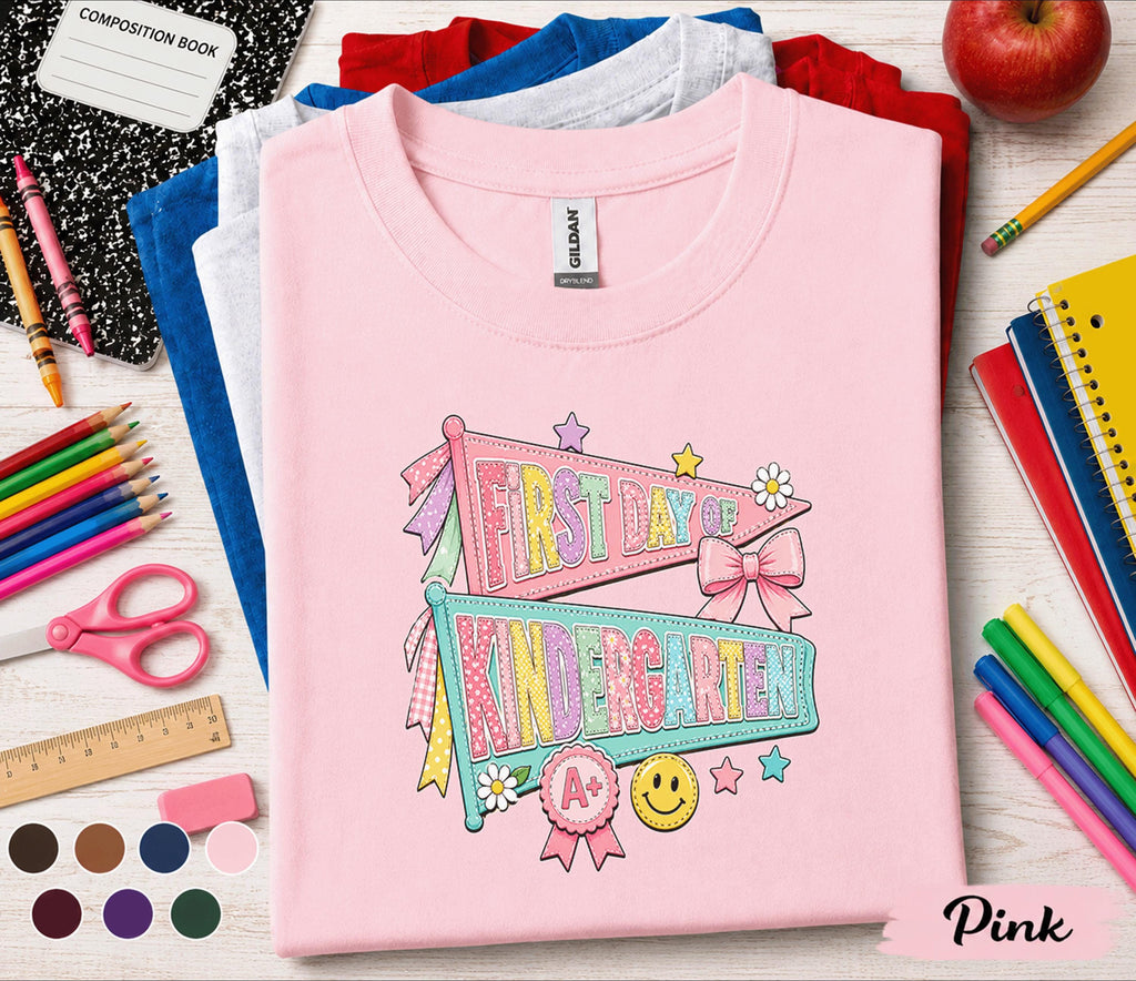 First Day of Kindergarten Shirt Coquette Back to School Tee Girl Cute Pennant Flags Bow Smiley Face Student Outfit Girl School Gift Teacher