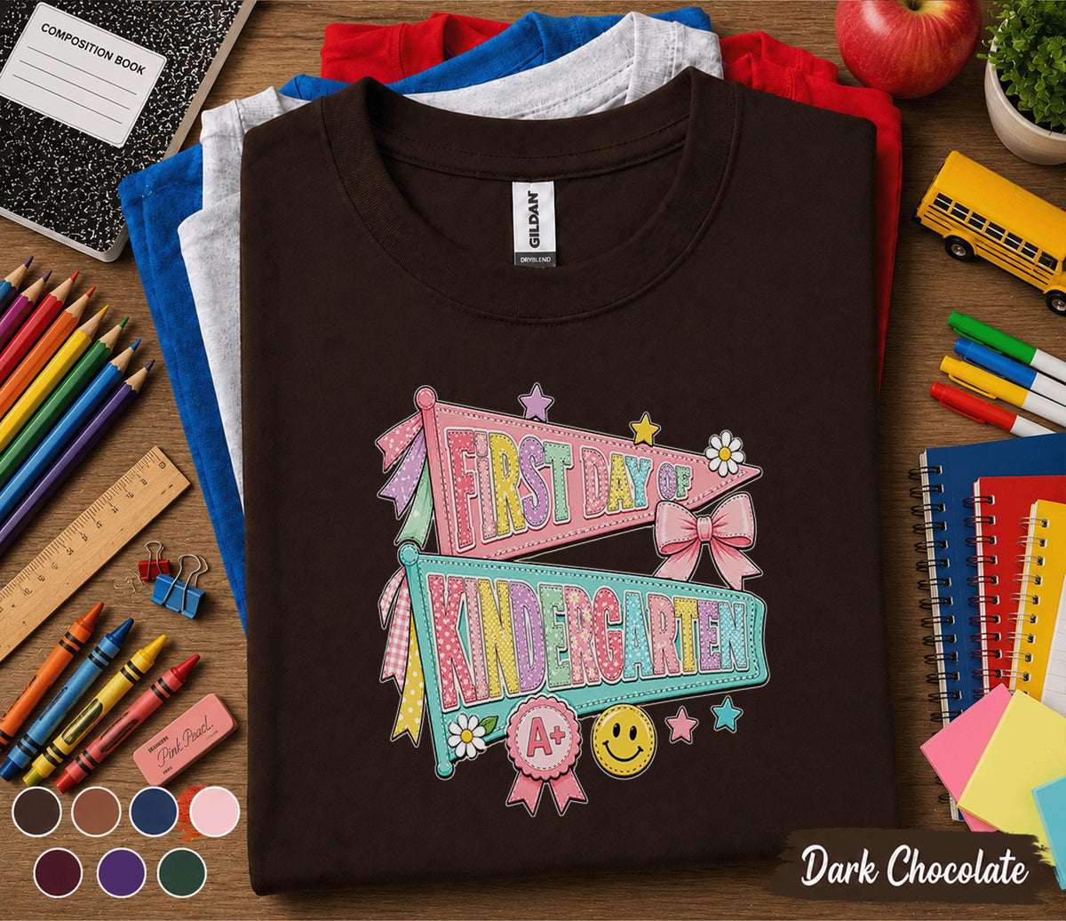 First Day of Kindergarten Shirt Coquette Back to School Tee Girl Cute Pennant Flags Bow Smiley Face Student Outfit Girl School Gift Teacher