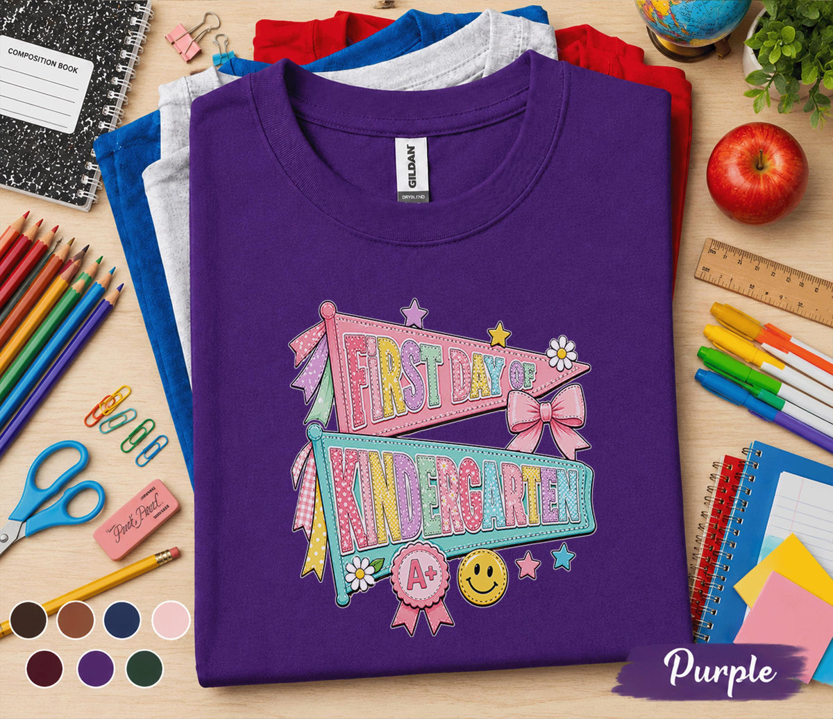 First Day of Kindergarten Shirt Coquette Back to School Tee Girl Cute Pennant Flags Bow Smiley Face Student Outfit Girl School Gift Teacher