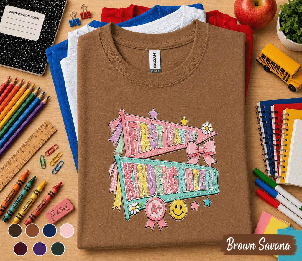 First Day of Kindergarten Shirt Coquette Back to School Tee Girl Cute Pennant Flags Bow Smiley Face Student Outfit Girl School Gift Teacher