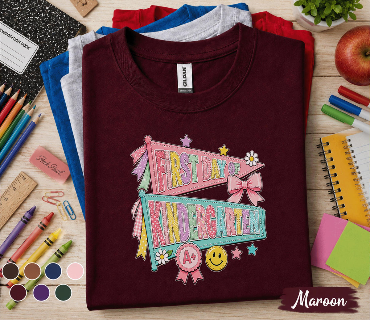 First Day of Kindergarten Shirt Coquette Back to School Tee Girl Cute Pennant Flags Bow Smiley Face Student Outfit Girl School Gift Teacher