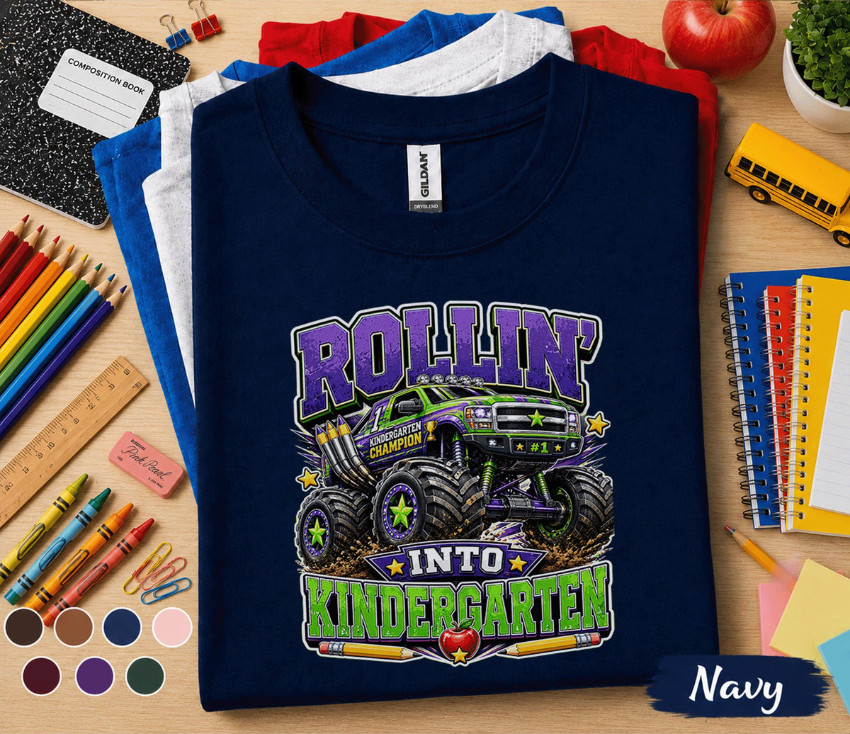 Rollin Into Kindergarten Shirt Monster Truck Back to School Tee First Day of Kindergarten Shirt Truck Lover Kids School Outfit Boy Gift
