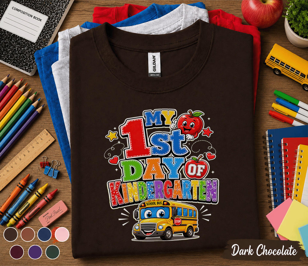 My 1st Day of Kindergarten Shirt First Day of School Tee Cute School Bus Apple Back to School Kids Student Outfit Kindergarten Gift