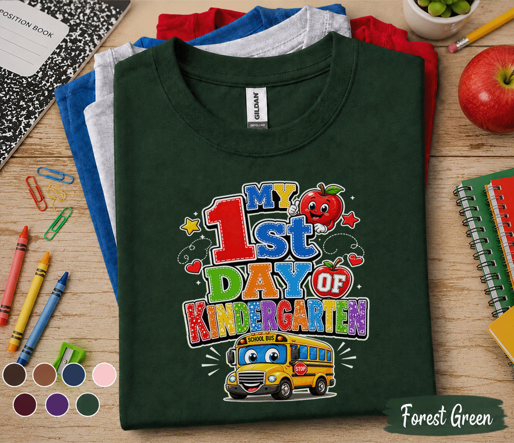 My 1st Day of Kindergarten Shirt First Day of School Tee Cute School Bus Apple Back to School Kids Student Outfit Kindergarten Gift