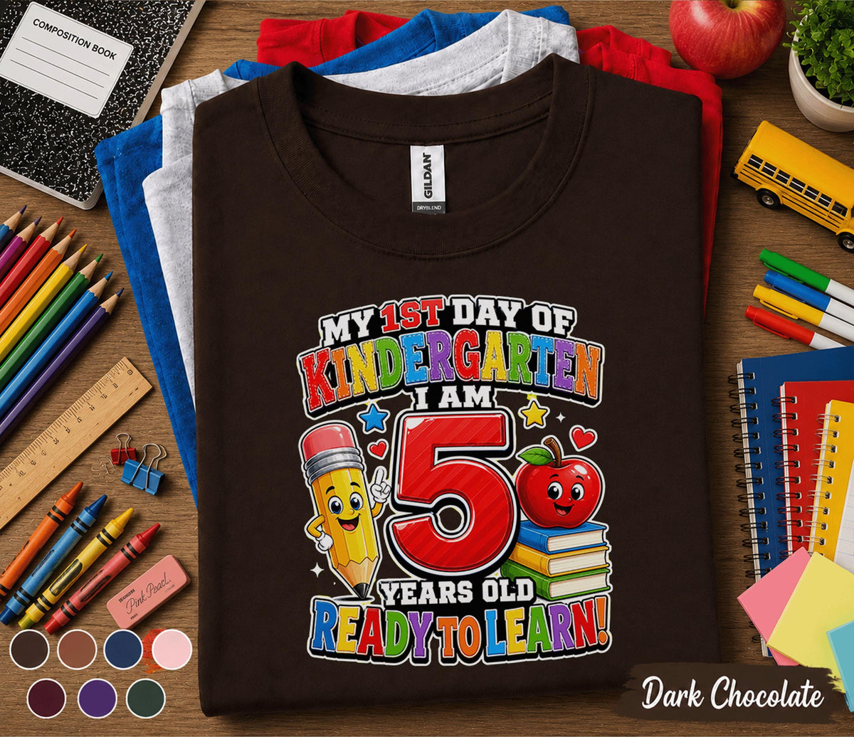 My 1st Day of Kindergarten I Am 5 Years Old Ready to Learn Shirt First Day of School Tee Cute Kids Back to School Gift for Boys Girls