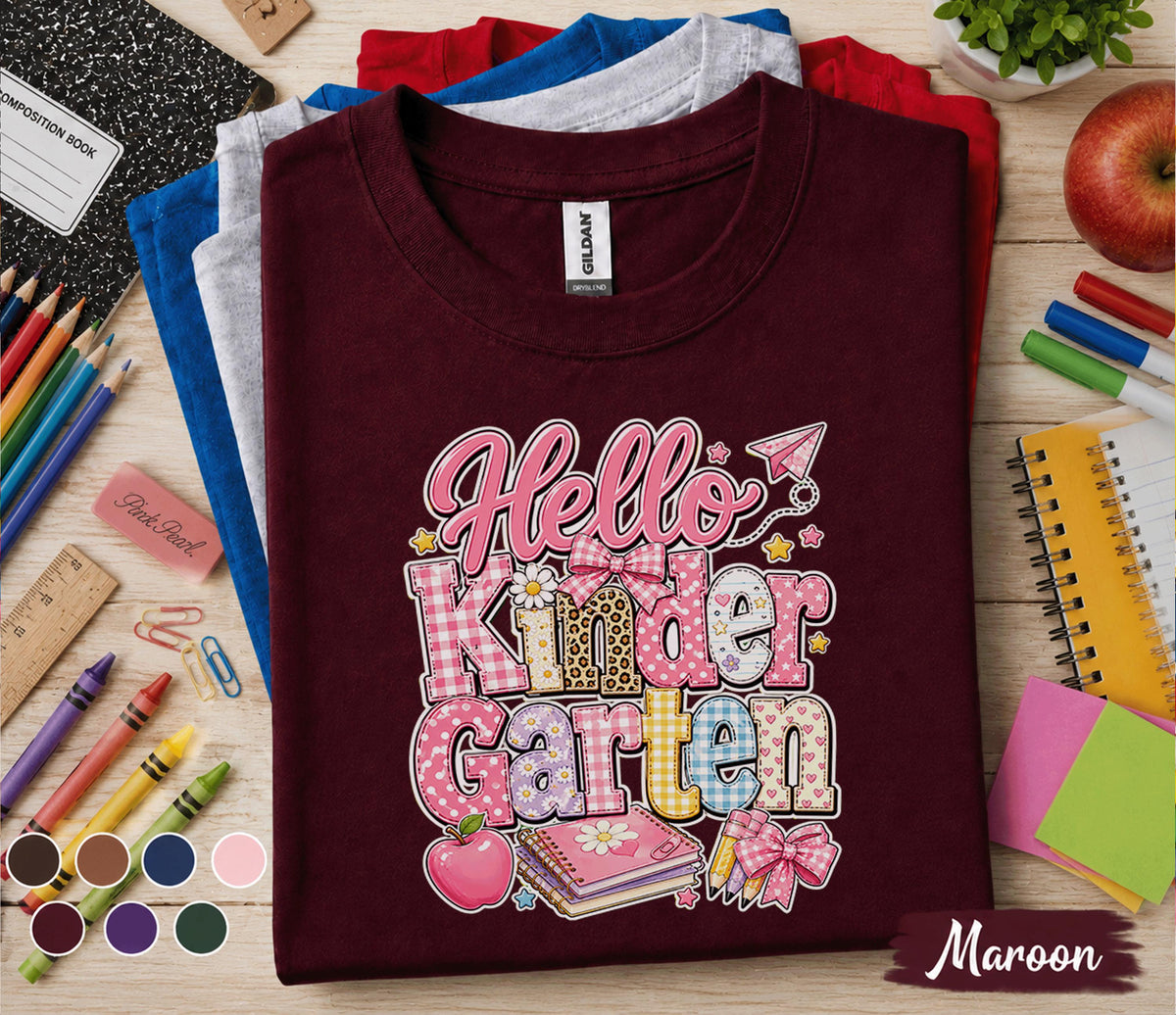 Hello Kindergarten Shirt First Day of School Tee Cute Pink Coquette Back to School Shirt for Girls Kindergarten Student Outfit Gift