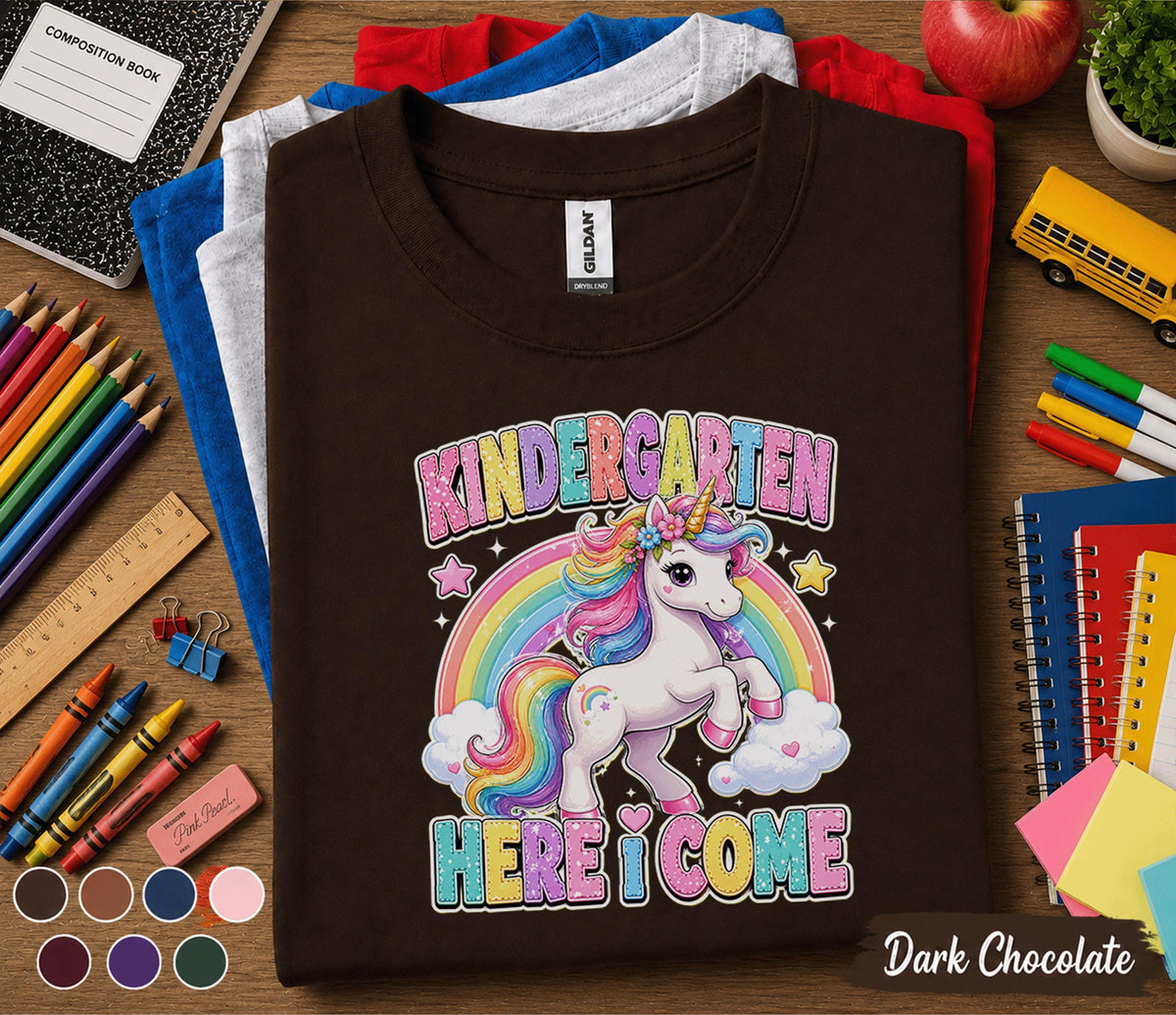 Kindergarten Here I Come Unicorn Shirt First Day of School Tee Cute Rainbow Unicorn Back to School Shirt for Girls Kids Kindergarten Gift