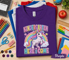 Kindergarten Here I Come Unicorn Shirt First Day of School Tee Cute Rainbow Unicorn Back to School Shirt for Girls Kids Kindergarten Gift