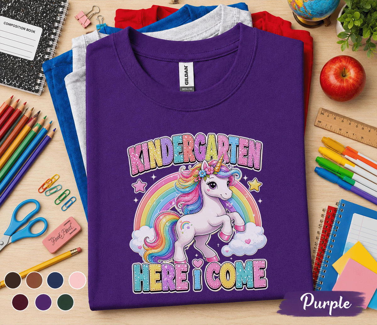 Kindergarten Here I Come Unicorn Shirt First Day of School Tee Cute Rainbow Unicorn Back to School Shirt for Girls Kids Kindergarten Gift