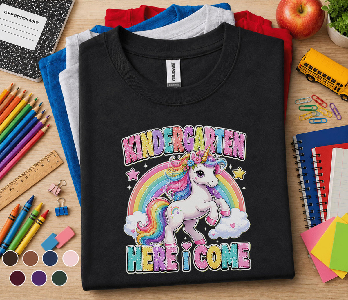 Kindergarten Here I Come Unicorn Shirt First Day of School Tee Cute Rainbow Unicorn Back to School Shirt for Girls Ki...
