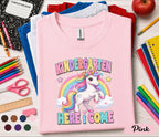 Kindergarten Here I Come Unicorn Shirt First Day of School Tee Cute Rainbow Unicorn Back to School Shirt for Girls Kids Kindergarten Gift
