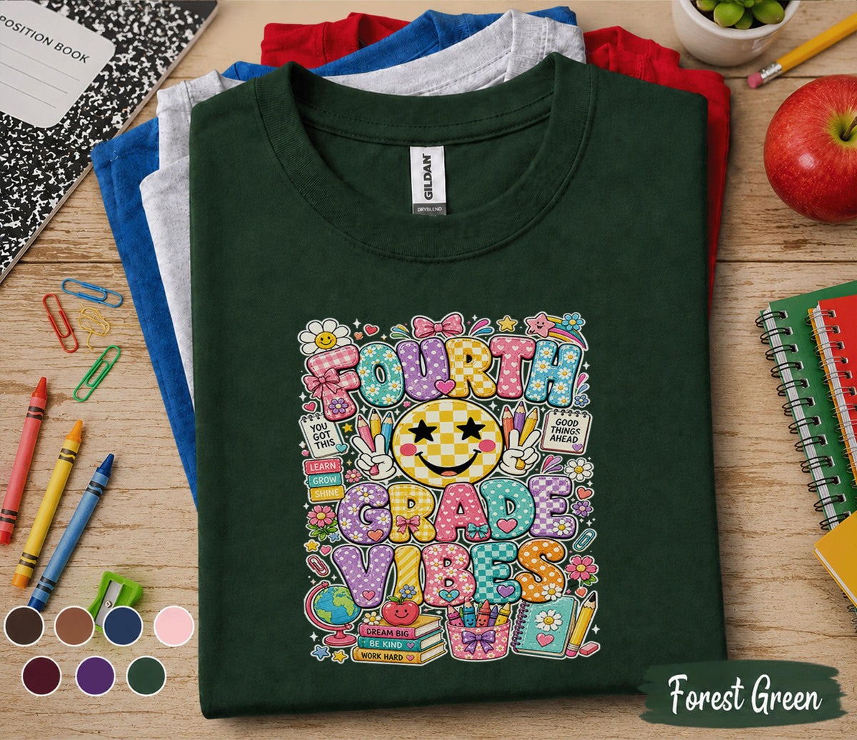 Fourth Grade Vibes Shirt, 4th Grade Teacher Shirt, Back to School Teacher Tee, Cute Smiley Classroom Shirt, Elementary School Teacher Gift