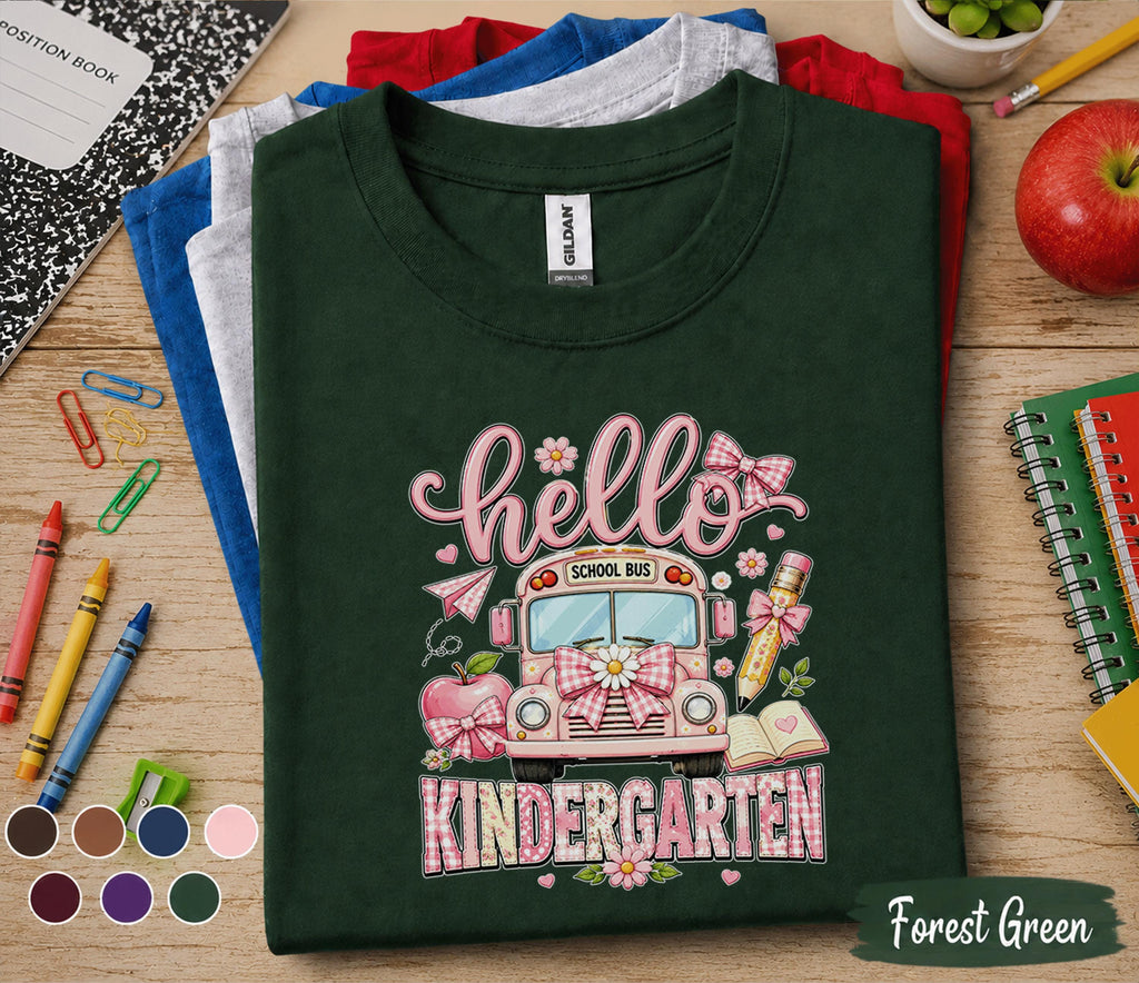Hello Kindergarten Shirt, First Day of Kindergarten Tee, Cute Pink School Bus Back to School Shirt, Kindergarten Girl Outfit, School Gift