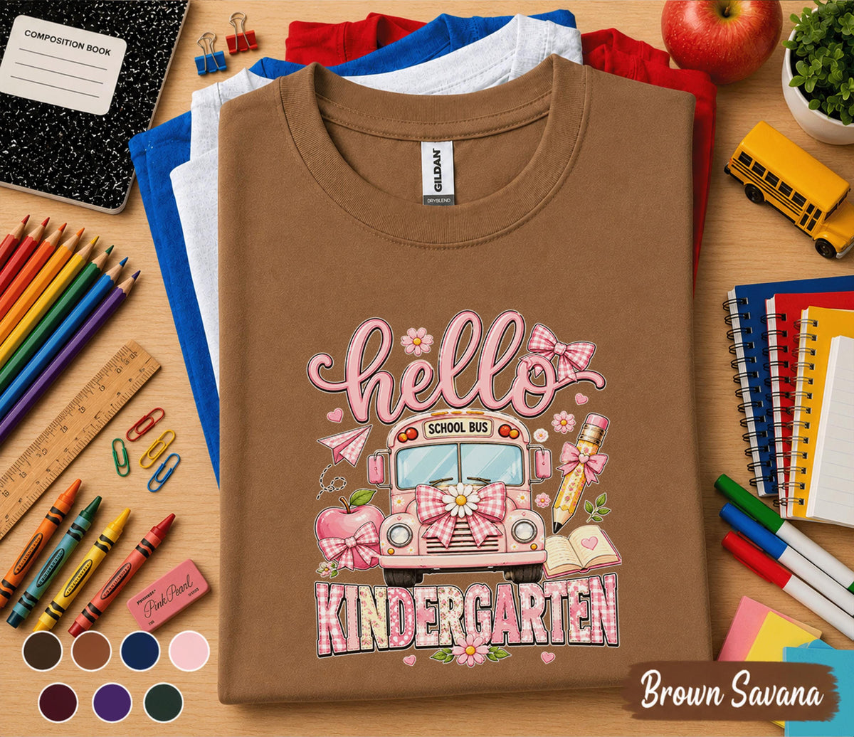 Hello Kindergarten Shirt, First Day of Kindergarten Tee, Cute Pink School Bus Back to School Shirt, Kindergarten Girl Outfit, School Gift