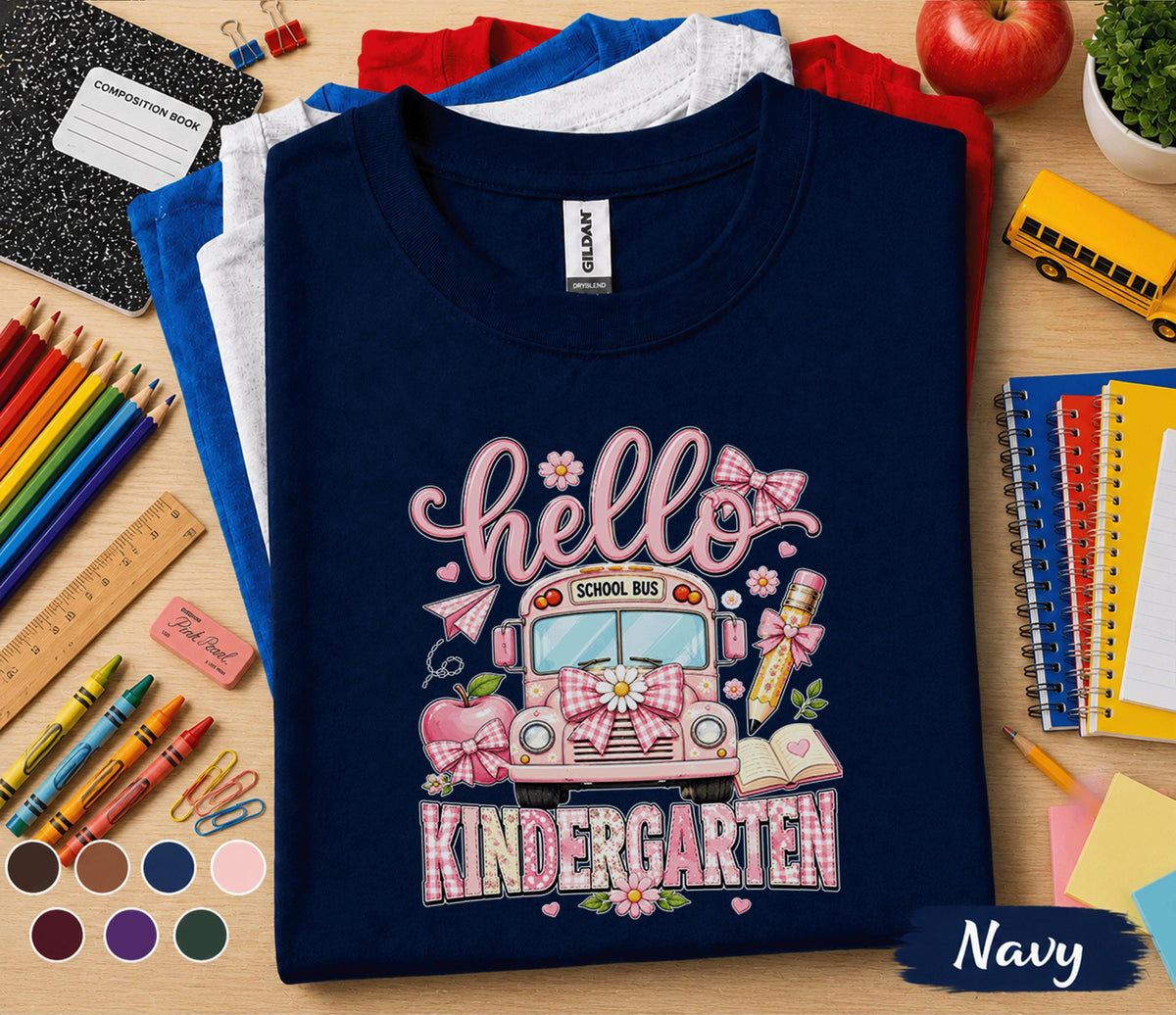 Hello Kindergarten Shirt, First Day of Kindergarten Tee, Cute Pink School Bus Back to School Shirt, Kindergarten Girl Outfit, School Gift