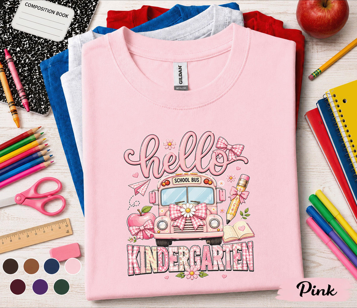 Hello Kindergarten Shirt, First Day of Kindergarten Tee, Cute Pink School Bus Back to School Shirt, Kindergarten Girl Outfit, School Gift