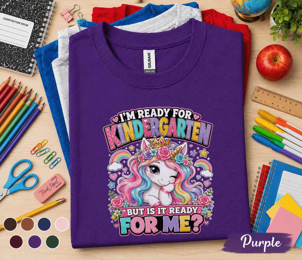 I'm Ready for Kindergarten Shirt, Unicorn Back to School Tee, Cute First Day of Kindergarten Shirt, Rainbow Unicorn Kids School Shirt