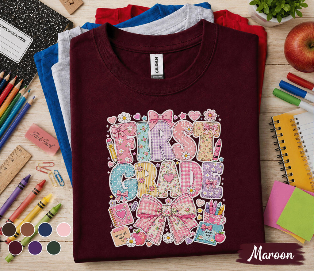 1st Grade Shirt, Cute First Grade Bow Shirt, First Day of School Tee for Girls, Back to School Shirt, Floral First Grade Outfit Gift Teacher