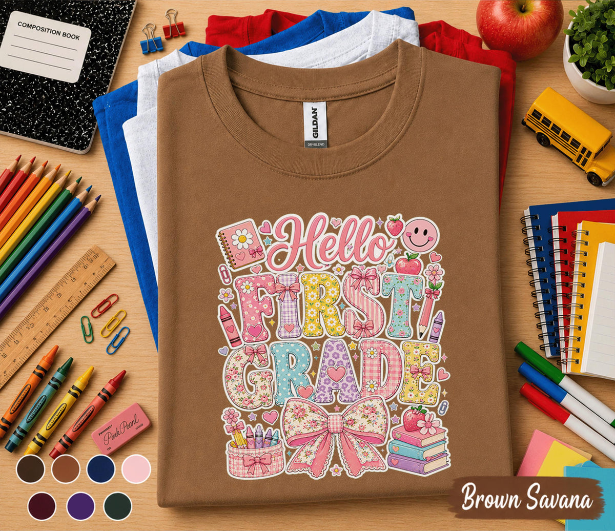 Hello First Grade Shirt, First Day of School Coquette Bow Tee, Cute First Grade Student Shirt, Back to School Floral Girl Outfit