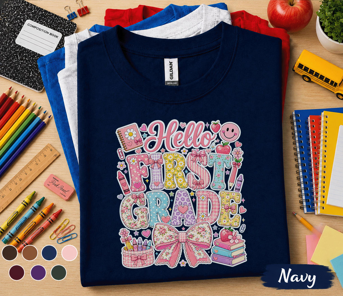 Hello First Grade Shirt, First Day of School Coquette Bow Tee, Cute First Grade Student Shirt, Back to School Floral Girl Outfit