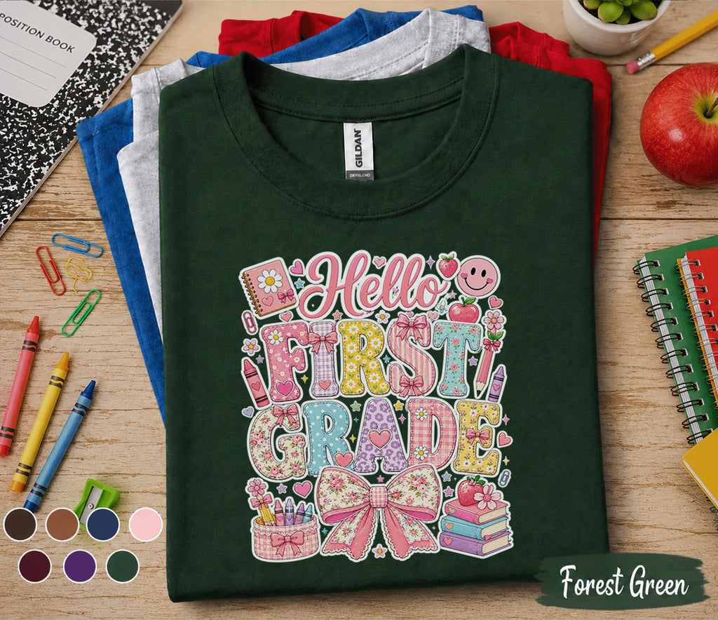 Hello First Grade Shirt, First Day of School Coquette Bow Tee, Cute First Grade Student Shirt, Back to School Floral Girl Outfit