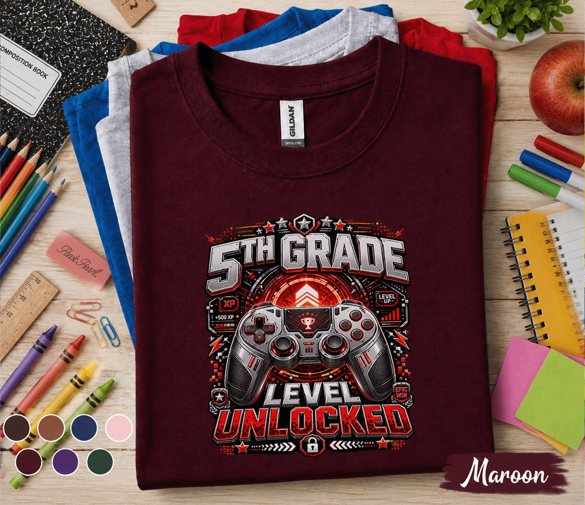 5th Grade Level Unlocked Gamer Shirt, First Day of School Gaming Tee, Fifth Grade Back to School Shirt, Video Game Student Gift Boys Girls