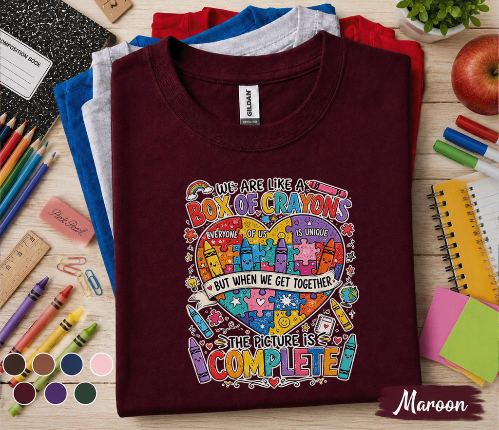 We Are Like a Box of Crayons Shirt, Teacher Classroom Unity Tee, Inclusive School Shirt, Back to School Teacher Gift