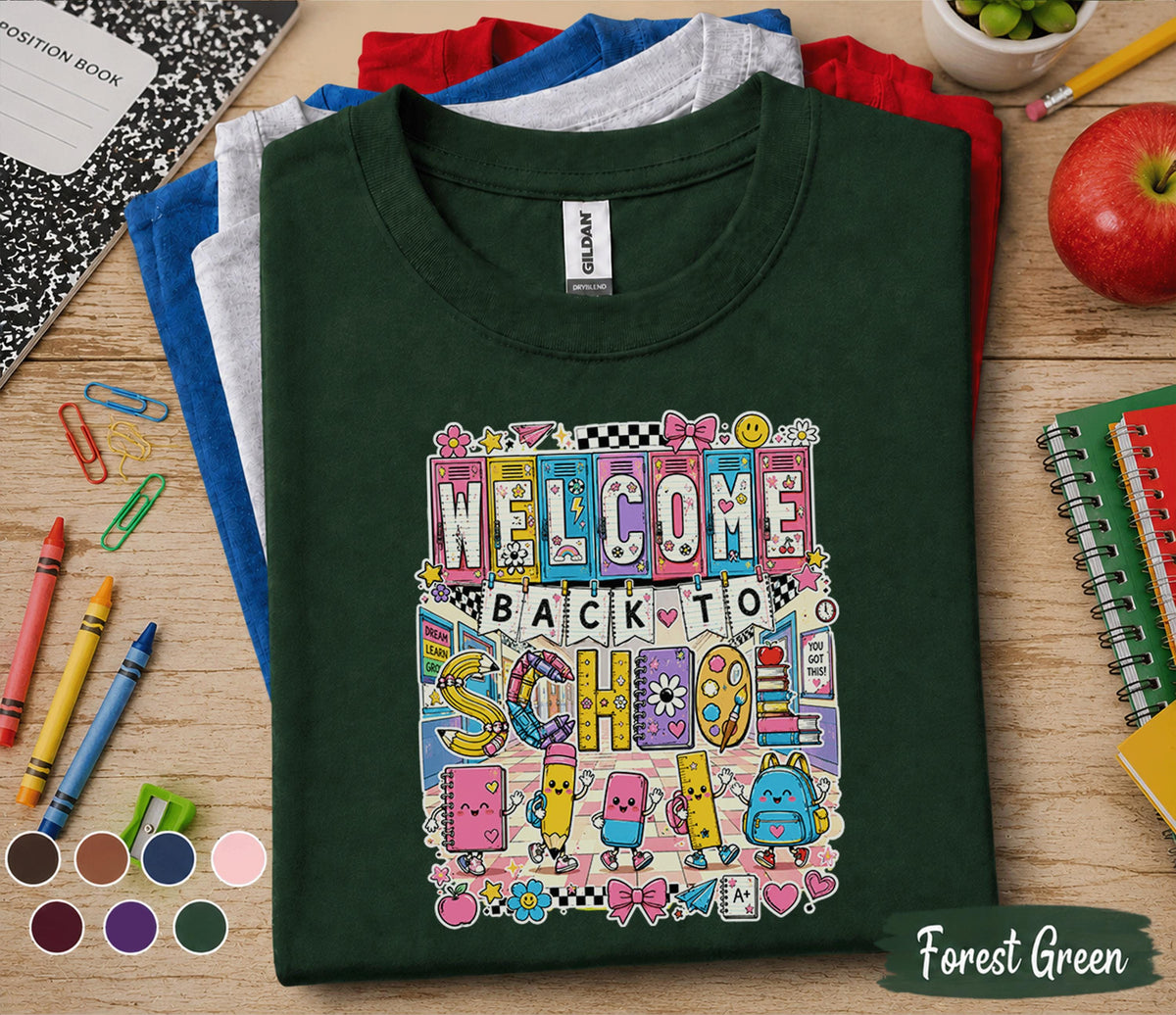 Welcome Back to School Shirt, Cute First Day of School Tee, Colorful School Supplies Shirt, Teacher Student Gift, Back to School Apparel