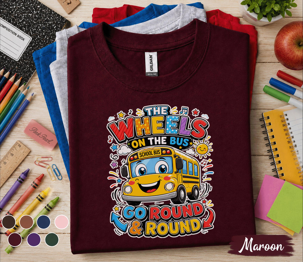 The Wheels on the Bus Go Round Shirt, Back to School Bus Tee, Cute School Bus Kids Shirt, First Day of School Gift, Preschool Kindergarten