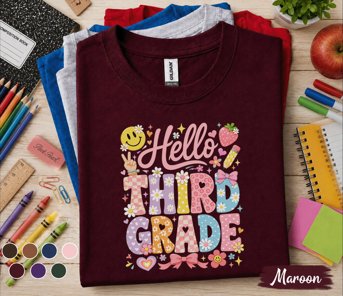 Hello Third Grade Shirt, 3rd Grade Back to School Tee, Cute First Day of Third Grade Shirt, Elementary Student Gift, Floral School Apparel
