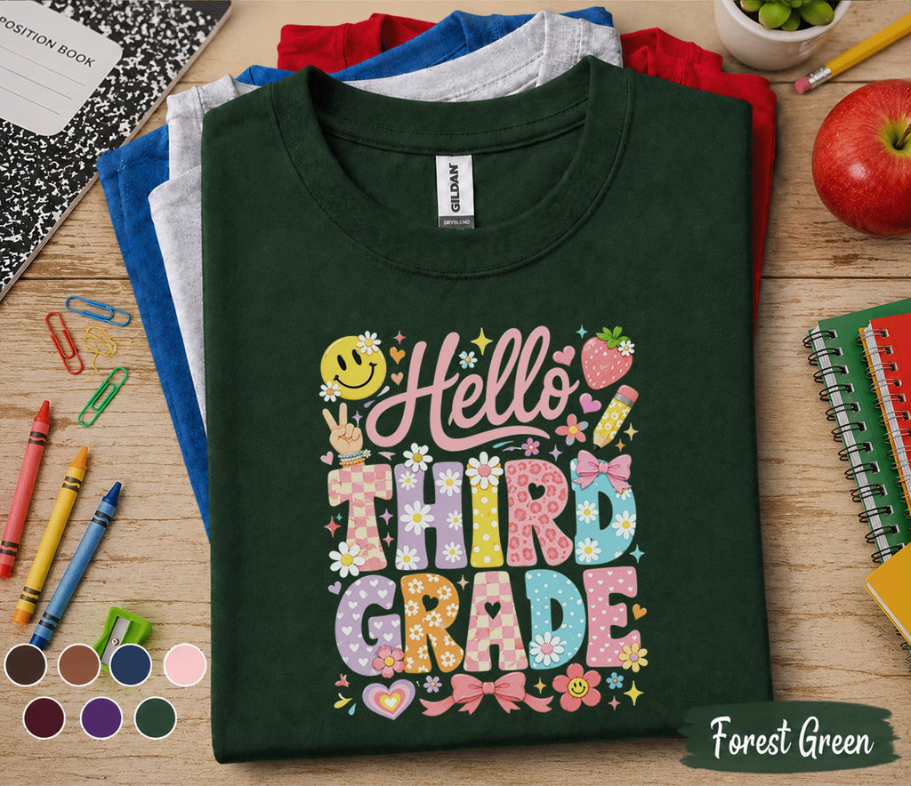 Hello Third Grade Shirt, 3rd Grade Back to School Tee, Cute First Day of Third Grade Shirt, Elementary Student Gift, Floral School Apparel