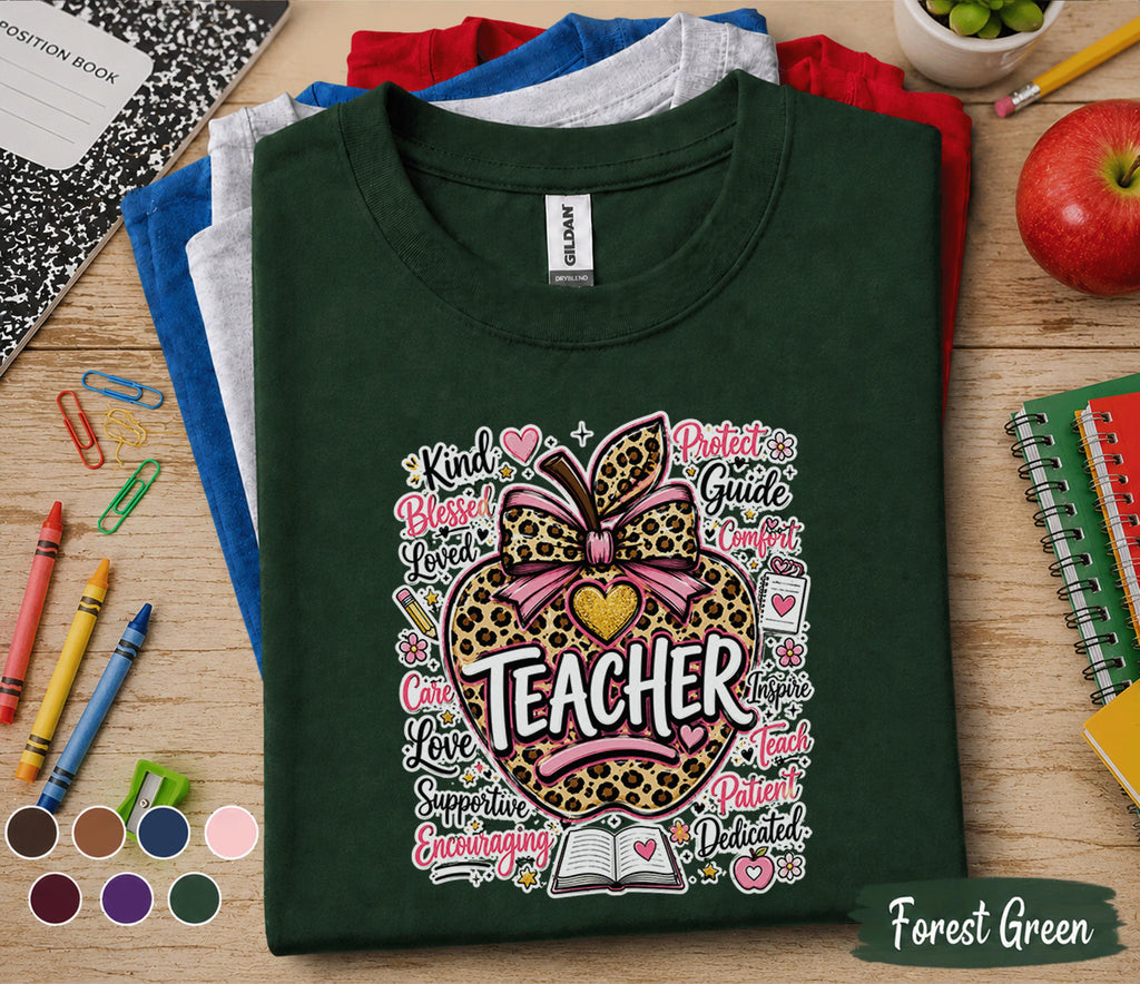 Teacher Apple Shirt, Back to School Teacher Tee, Leopard Apple Teacher Gift Shirt, Cute Teacher Appreciation Shirt, Classroom Educator
