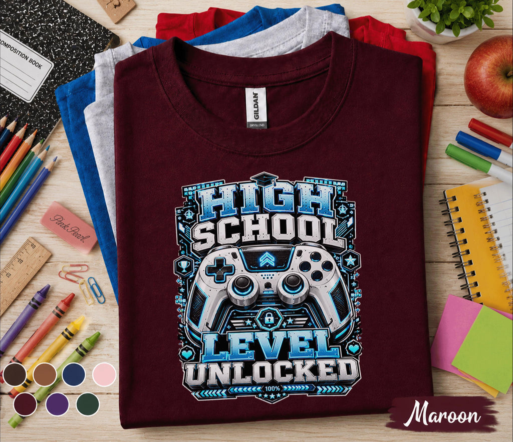 High School Level Unlocked Shirt, Gamer Back to School Tee, Video Game Controller Student Shirt, First Day High School Gift, Gaming School
