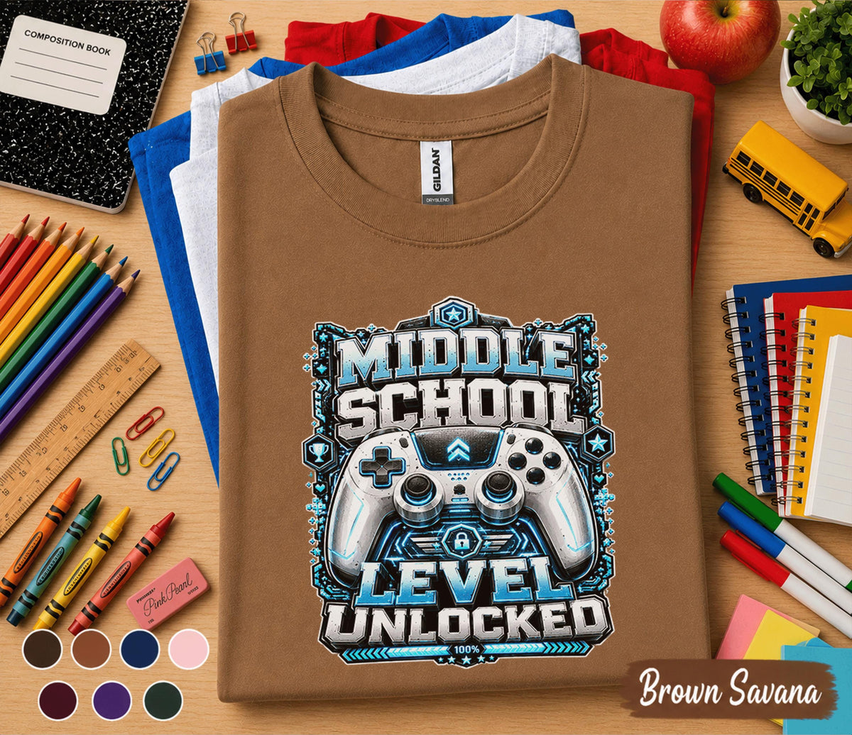 Middle School Level Unlocked Shirt, Gamer Back to School Tee, Video Game Controller School Shirt, First Day Middle School Gift