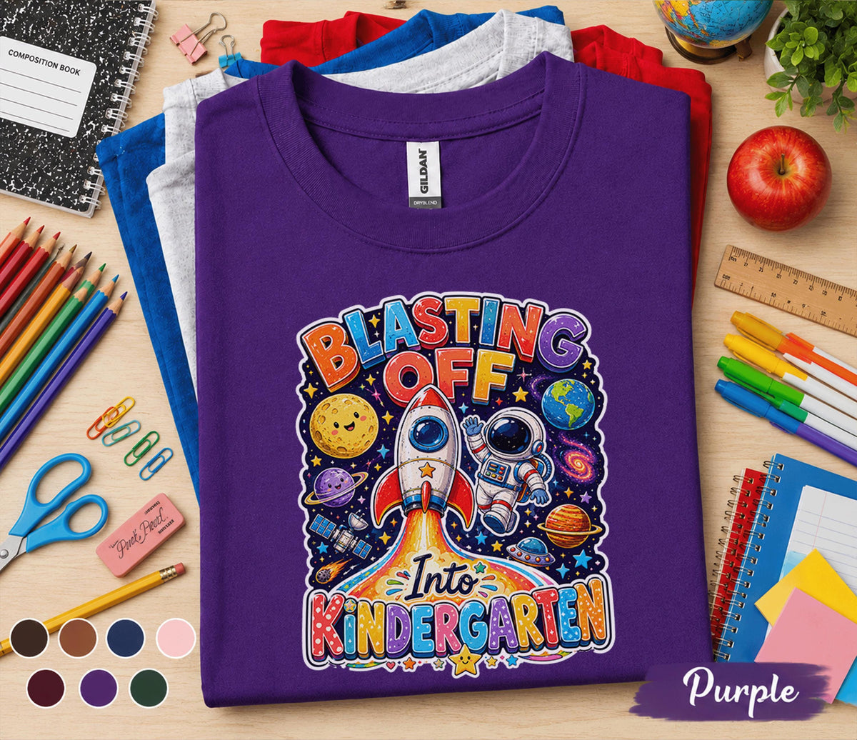 Blasting Off Into Kindergarten Shirt, Space Back to School Tee, First Day of Kindergarten Shirt, Rocket Astronaut School Gift Kids